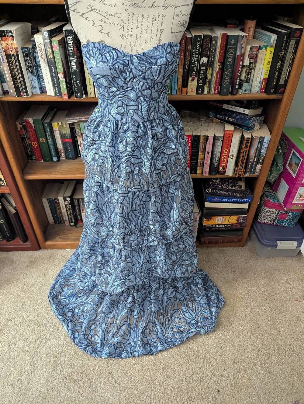 Dress the Population Size S Blue Floral Lace Tiered Strapless Gown Maxi Dress